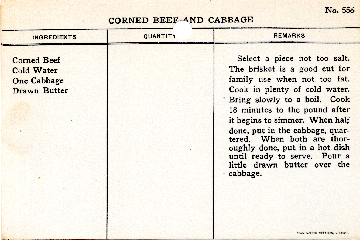 Original recipe card for Corned Beef and Cabbage