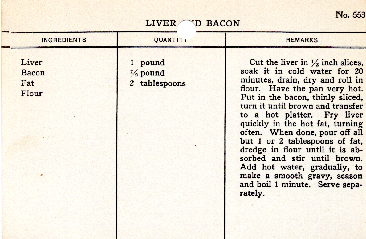 Original recipe card for Liver and Bacon