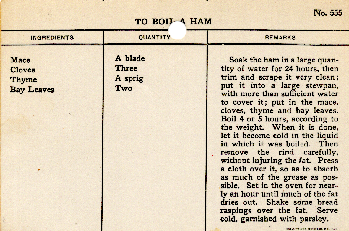 Original recipe card for To Boil a Ham