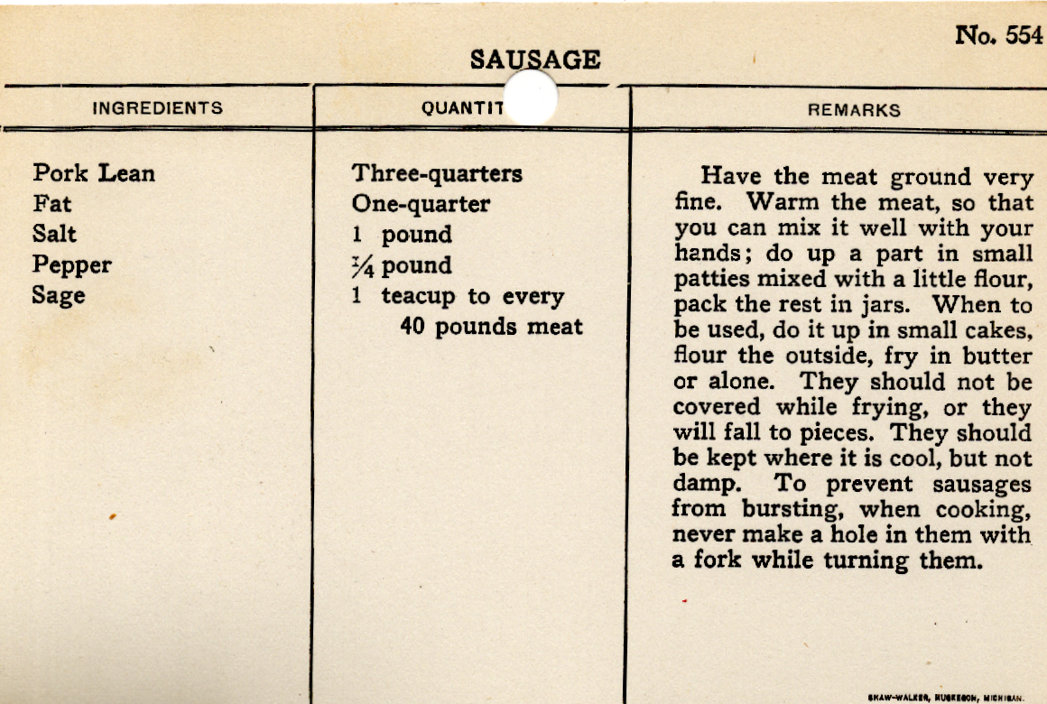 Original recipe card for Sausage