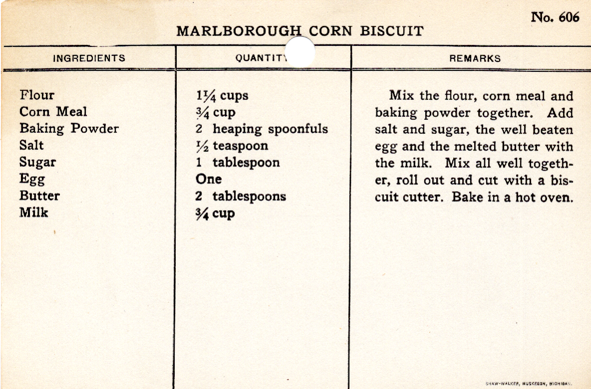 Original recipe card for Marlborough Corn Biscuit