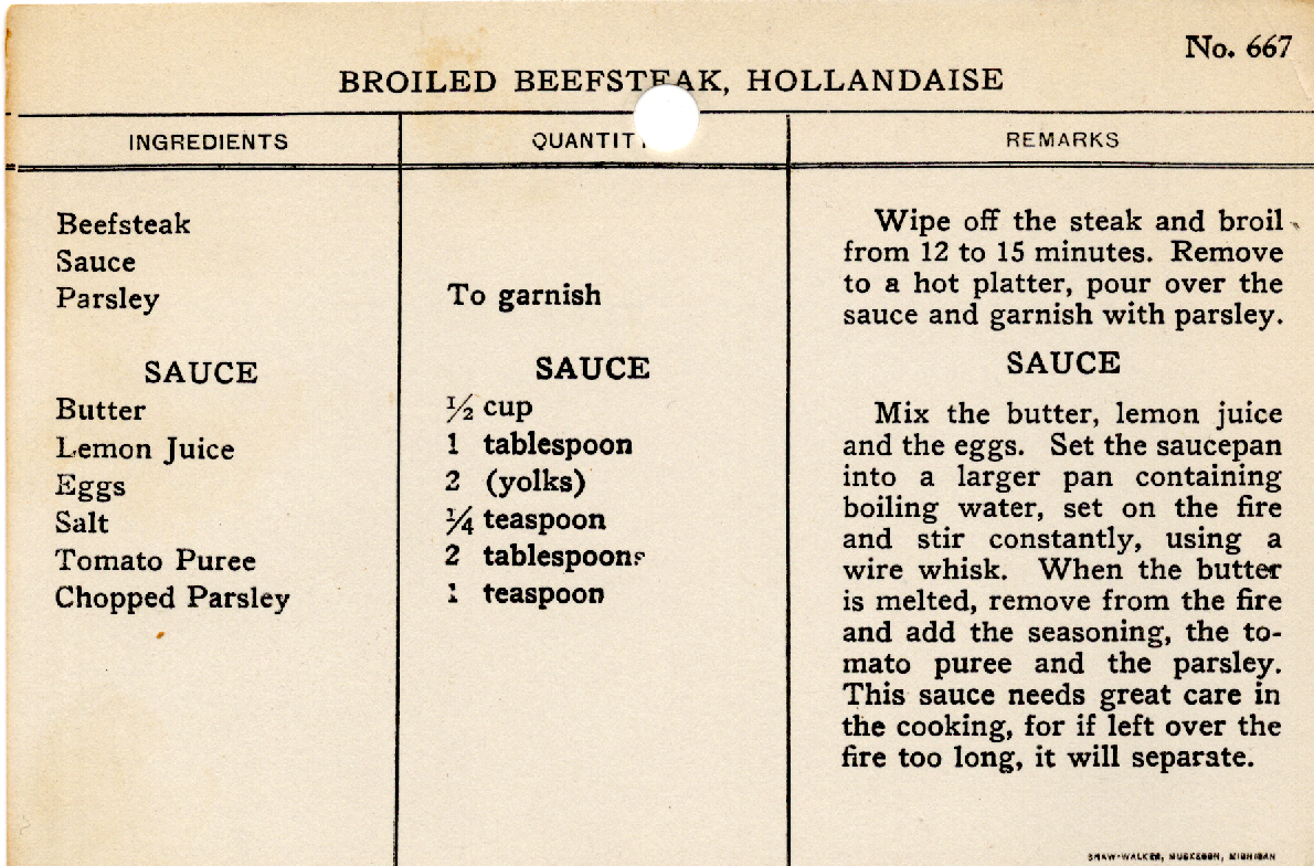 Original recipe card for Broiled Beefsteak, Hollandaise