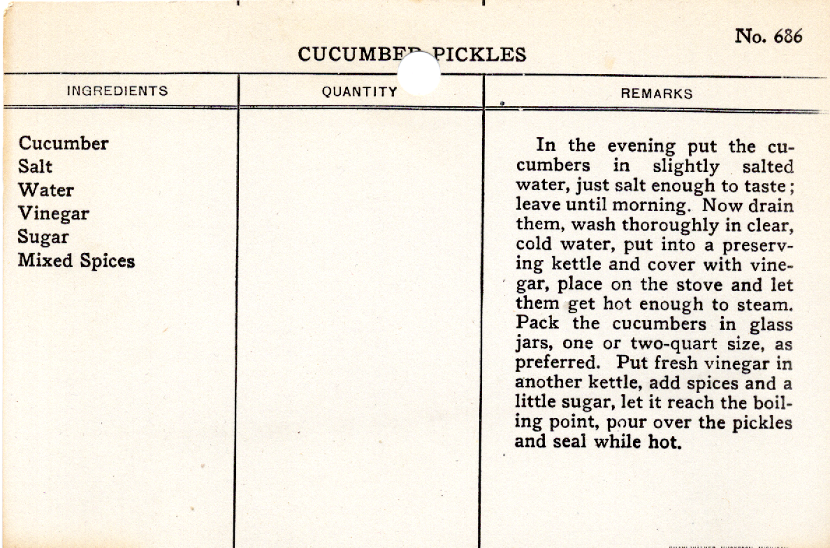 Original recipe card for Cucumber Pickles