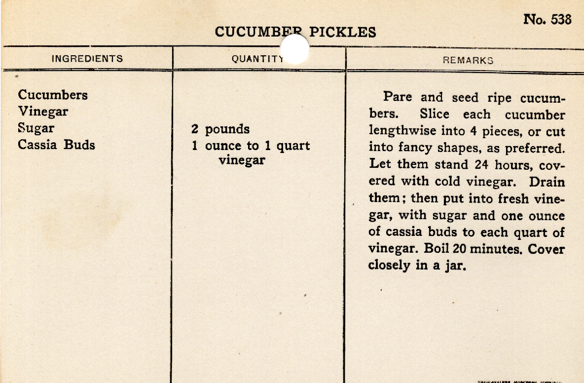 Original recipe card for Cucumber Pickles