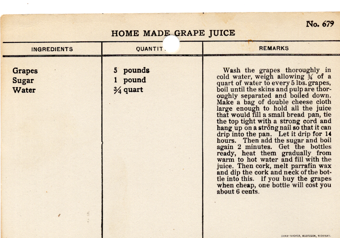 Original recipe card for Home Made Grape Juice
