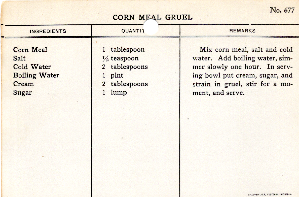 Original recipe card for Corn Meal Gruel