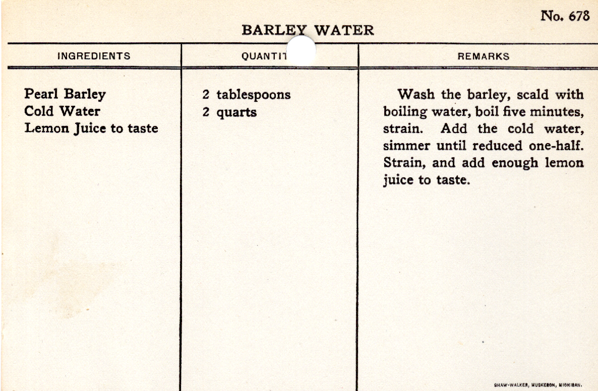 Original recipe card for Barley Water