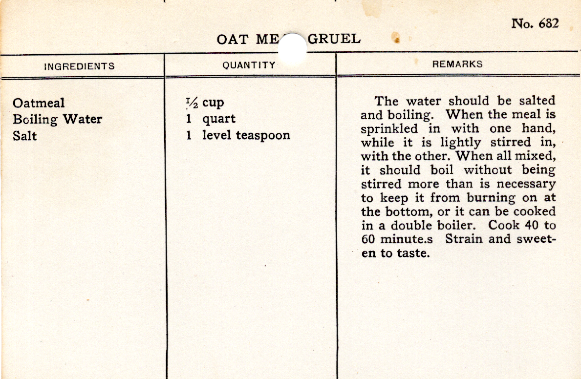 Original recipe card for Oat Meal Gruel