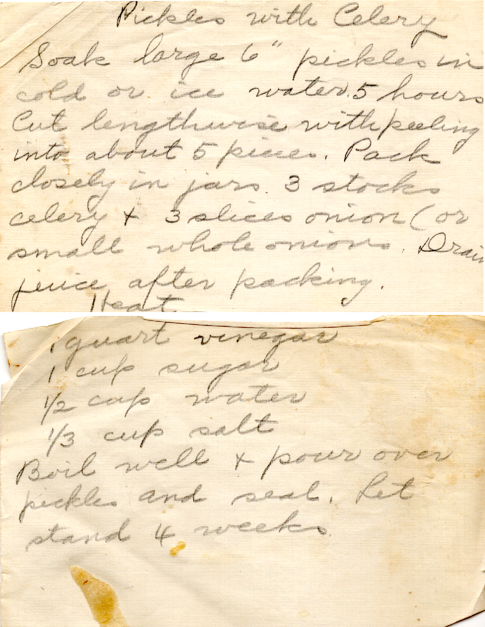 Original recipe card for Pickles with Celery