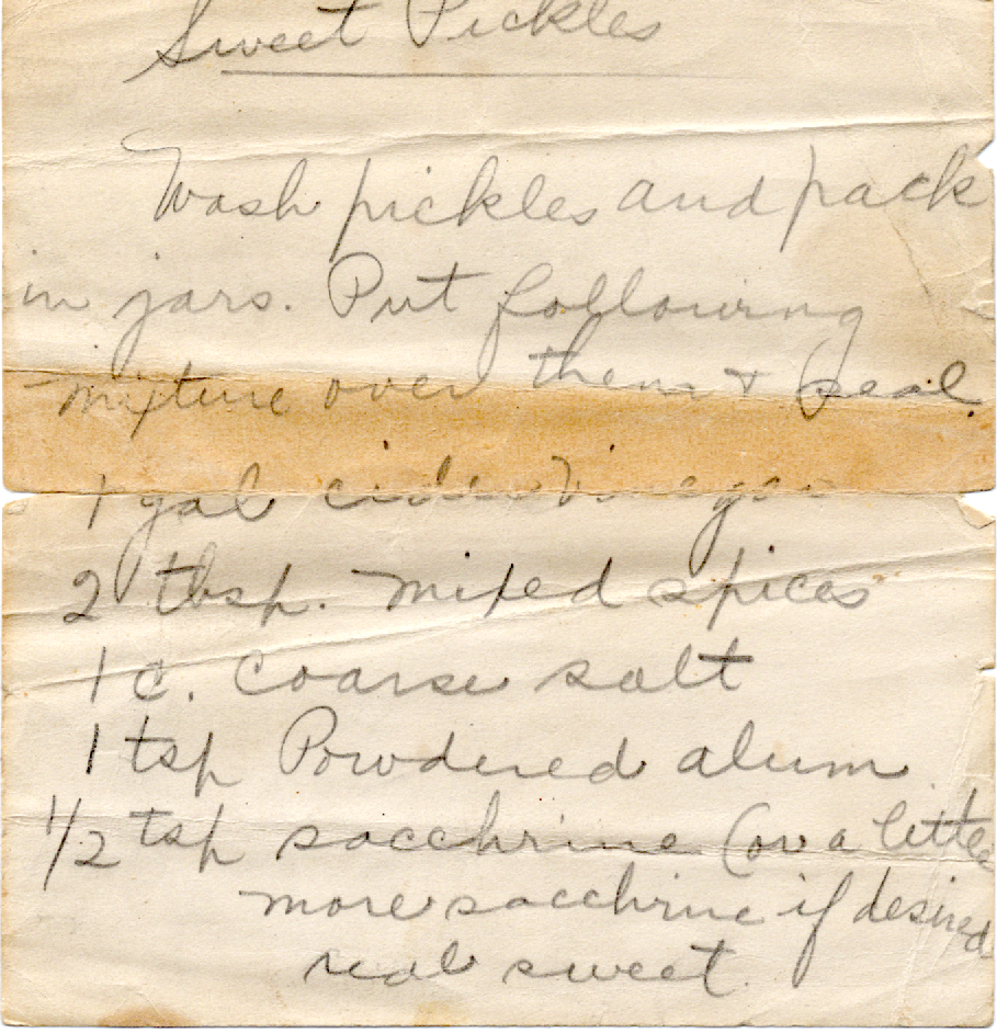 Original recipe card for Sweet Pickles