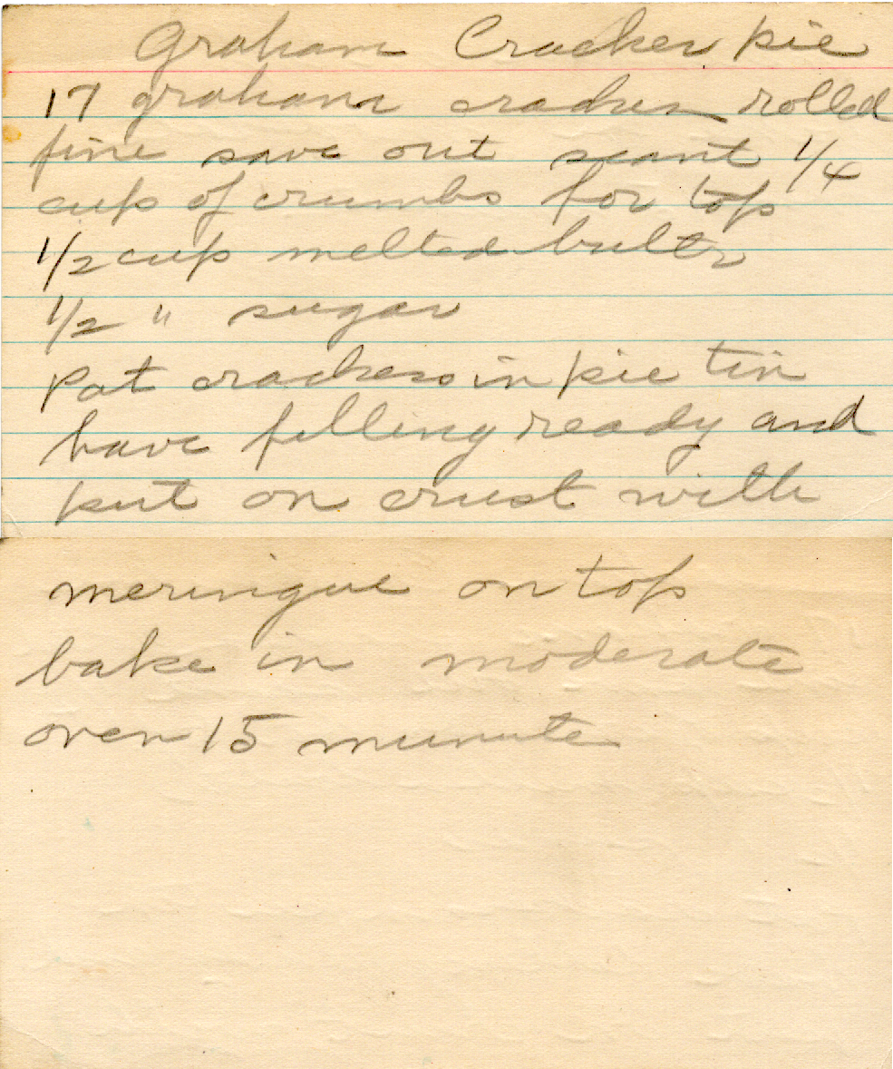 Original recipe card for Graham Cracker Pie