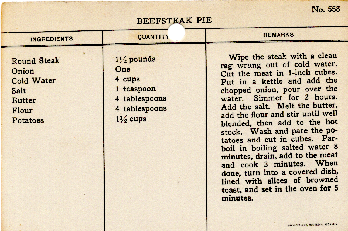 Original recipe card for Beefsteak Pie