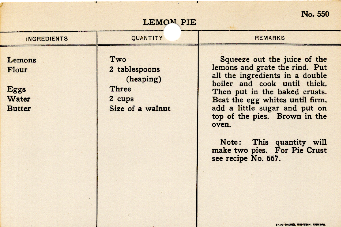 Original recipe card for Lemon Pie