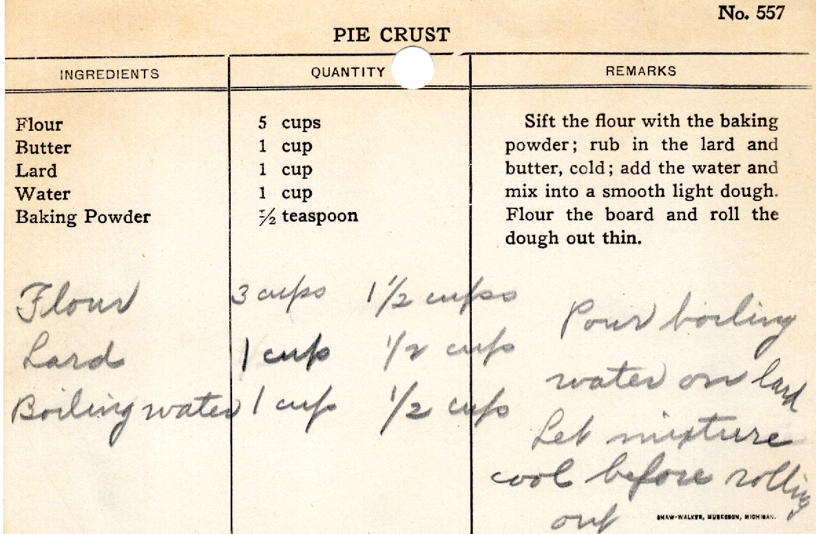 Original recipe card for Pie Crust