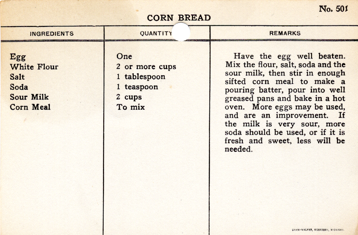 Original recipe card for Corn Bread