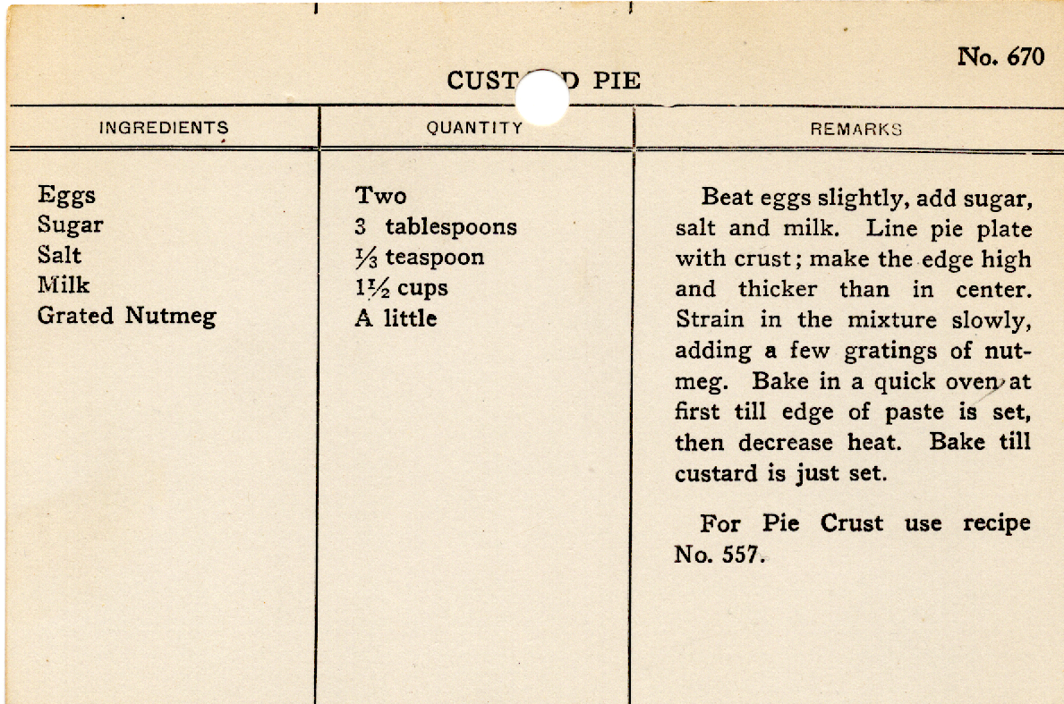 Original recipe card for Custard Pie