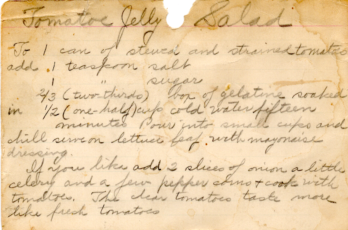 Original recipe card for Tomato Jelly Salad