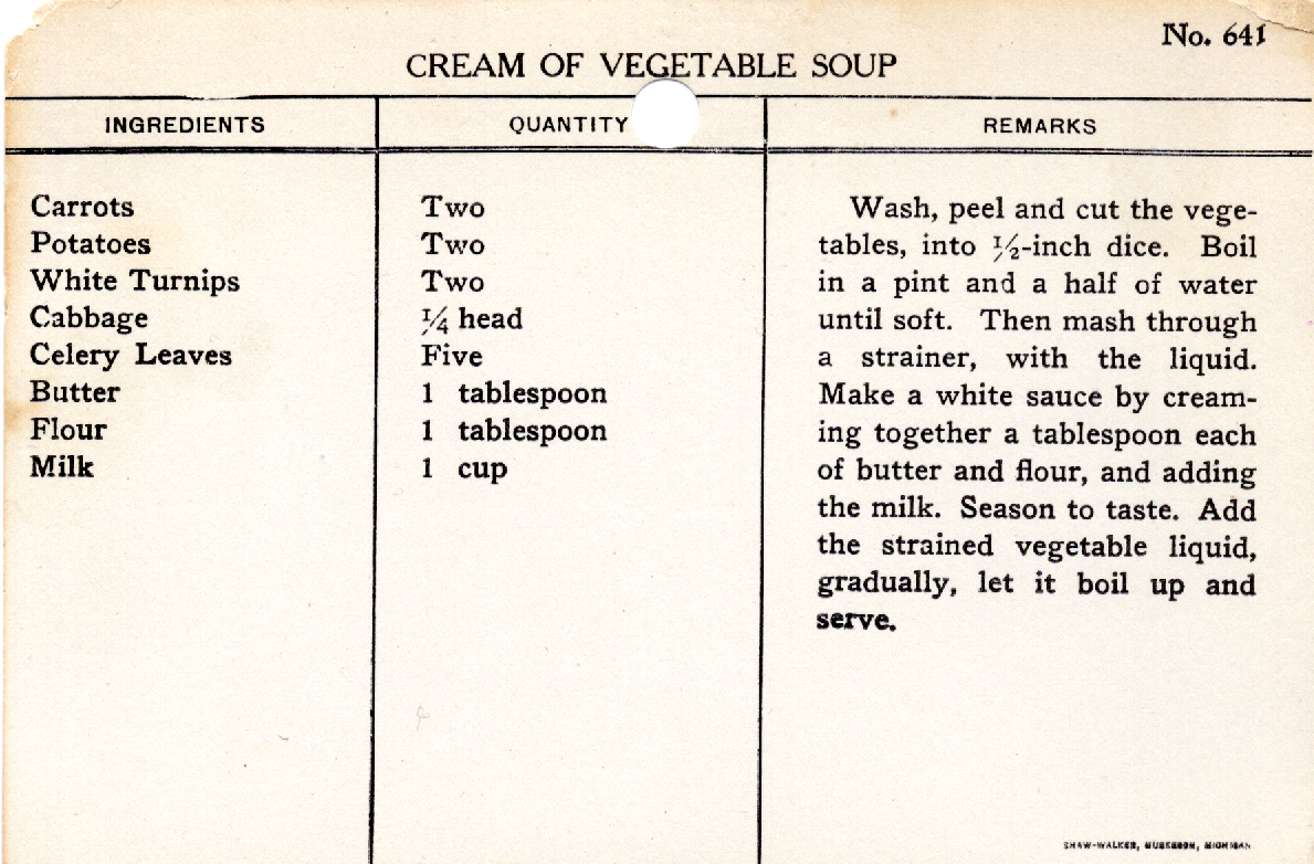Original recipe card for Cream of Vegetable Soup