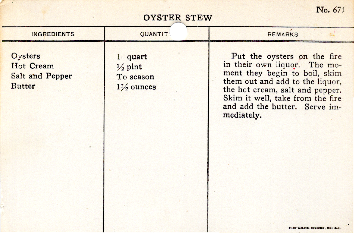 Original recipe card for Oyster Stew