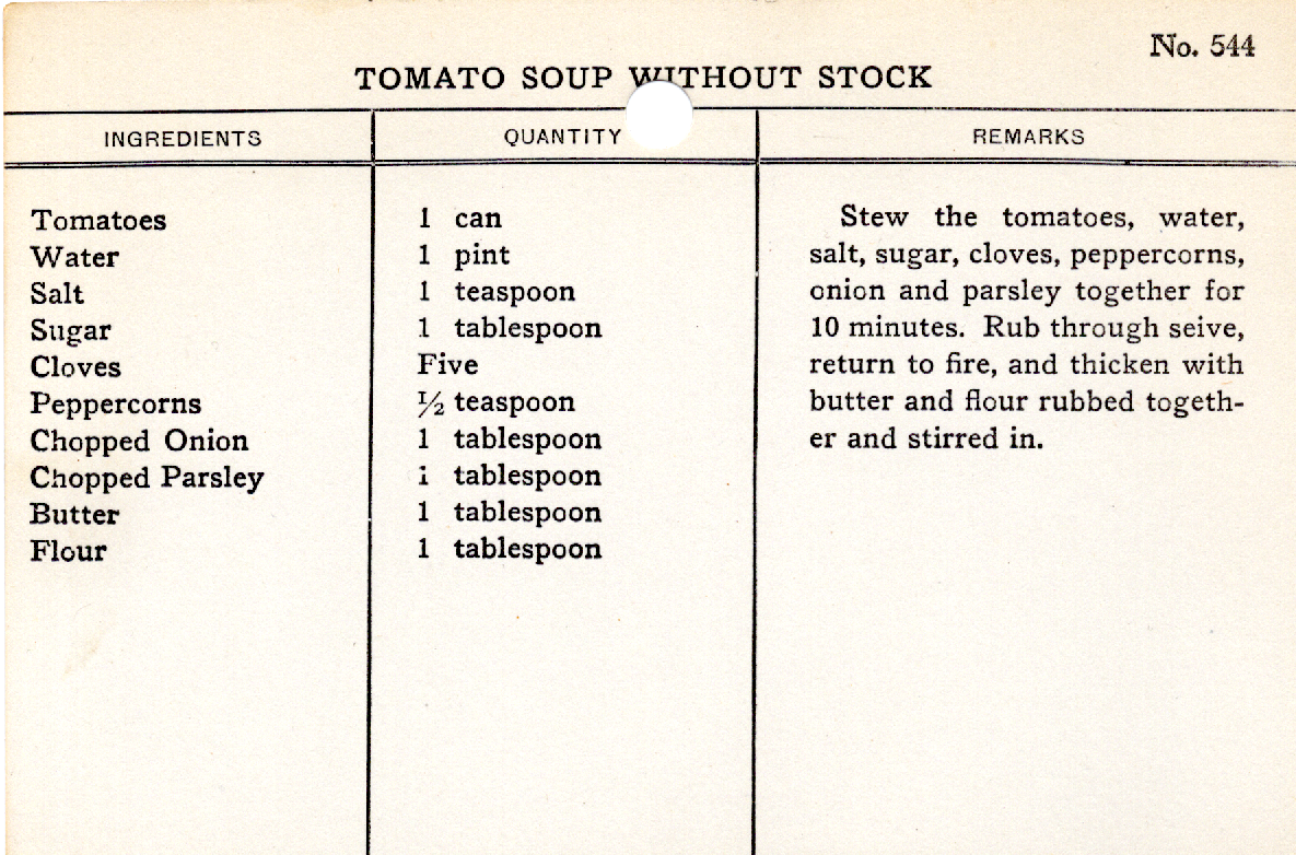 Original recipe card for Tomato Soup Without Stock