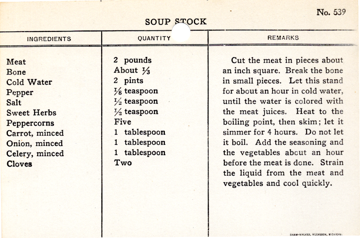 Original recipe card for Soup Stock