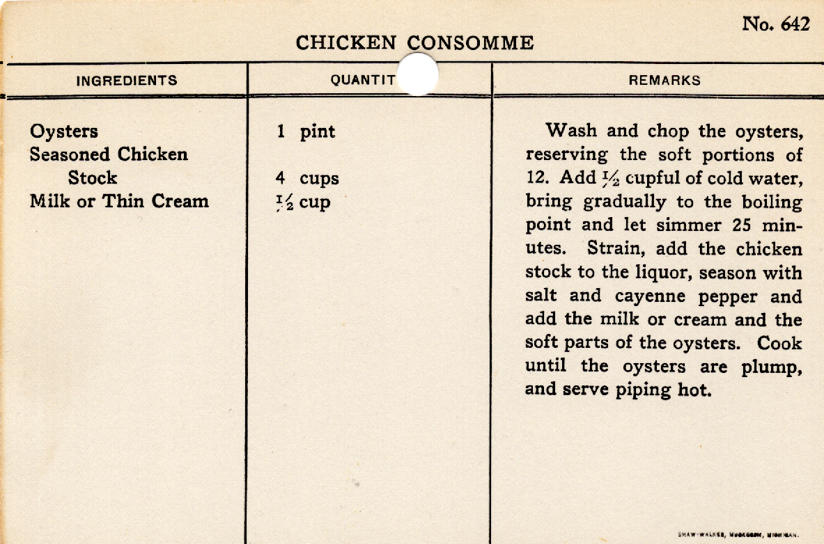 Original recipe card for Chicken Consomme