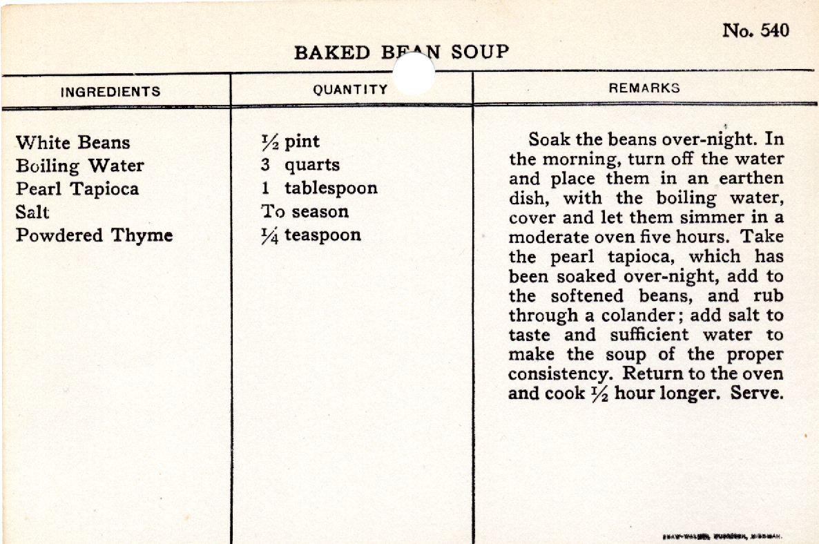 Original recipe card for Baked Bean Soup