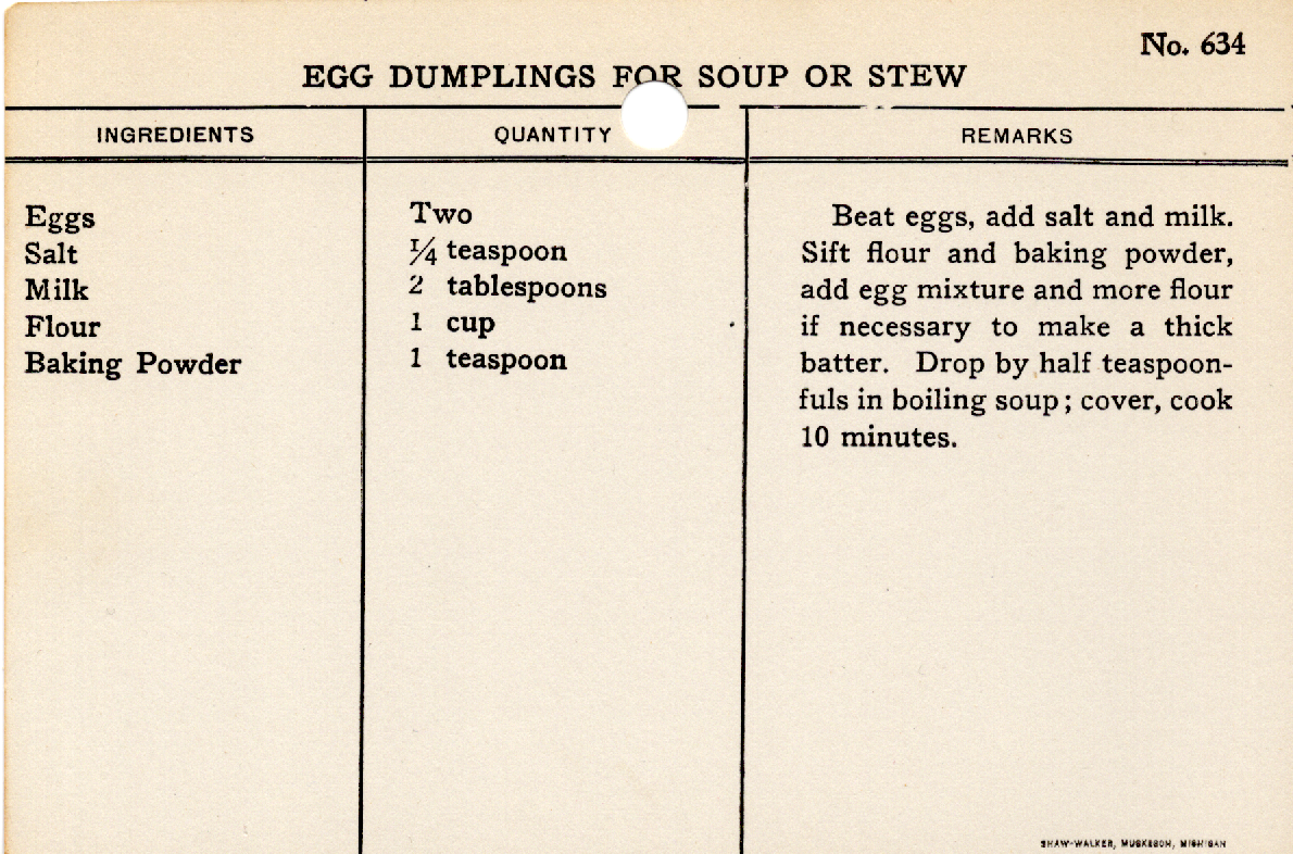 Original recipe card for Egg Dumplings for Soup or Stew