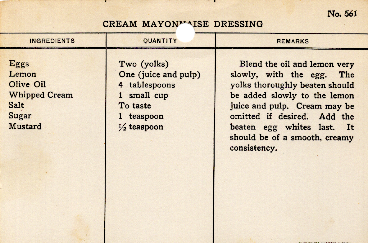 Original recipe card for Cream Mayonnaise Dressing