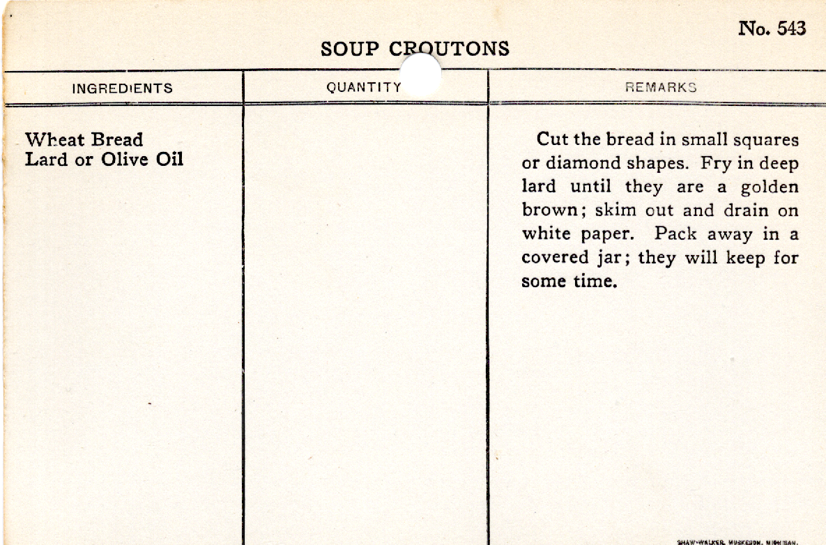 Original recipe card for Soup Croutons