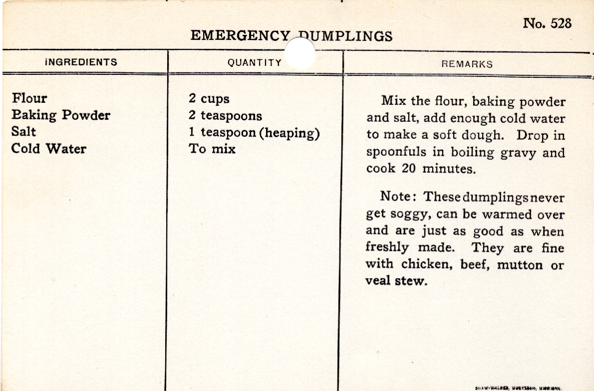 Original recipe card for Emergency Dumplings