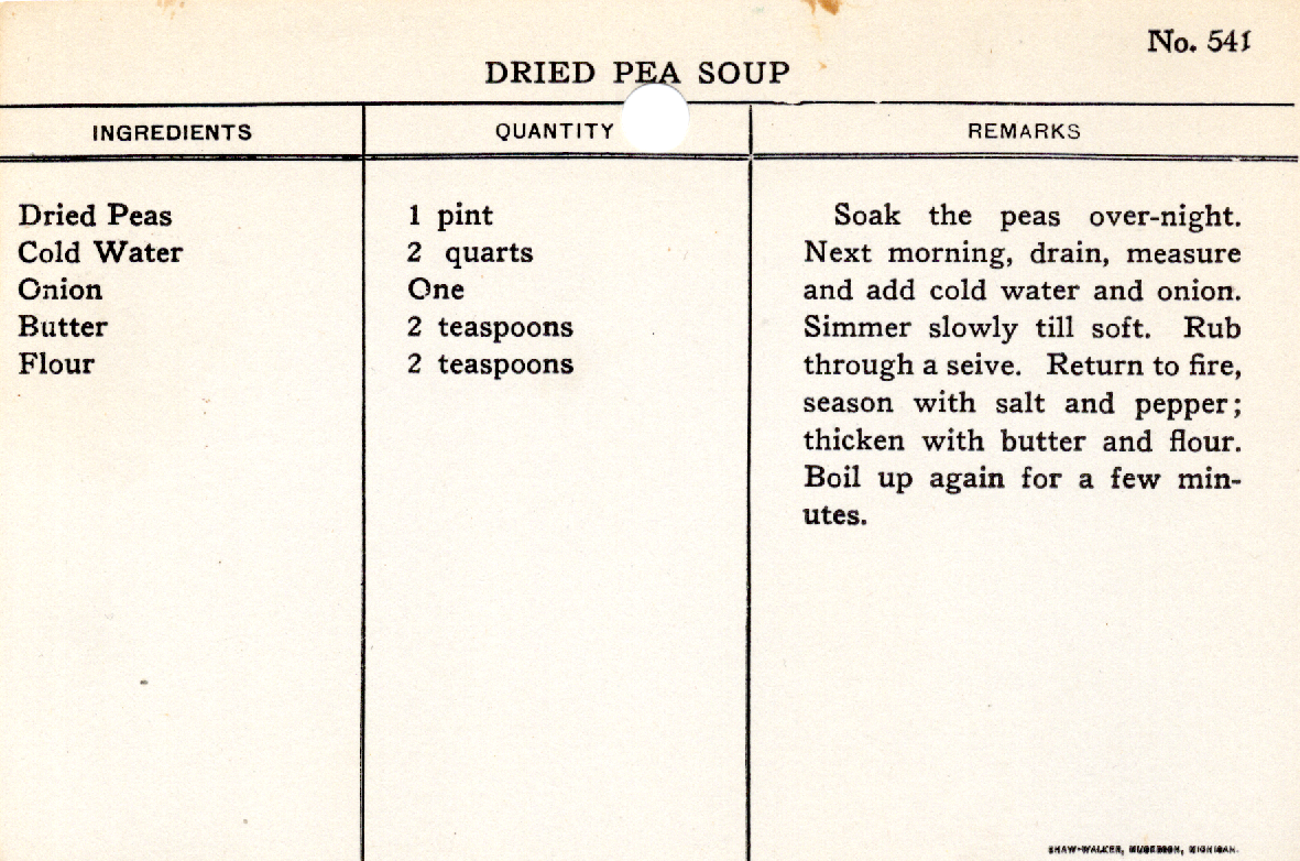 Original recipe card for Dried Pea Soup