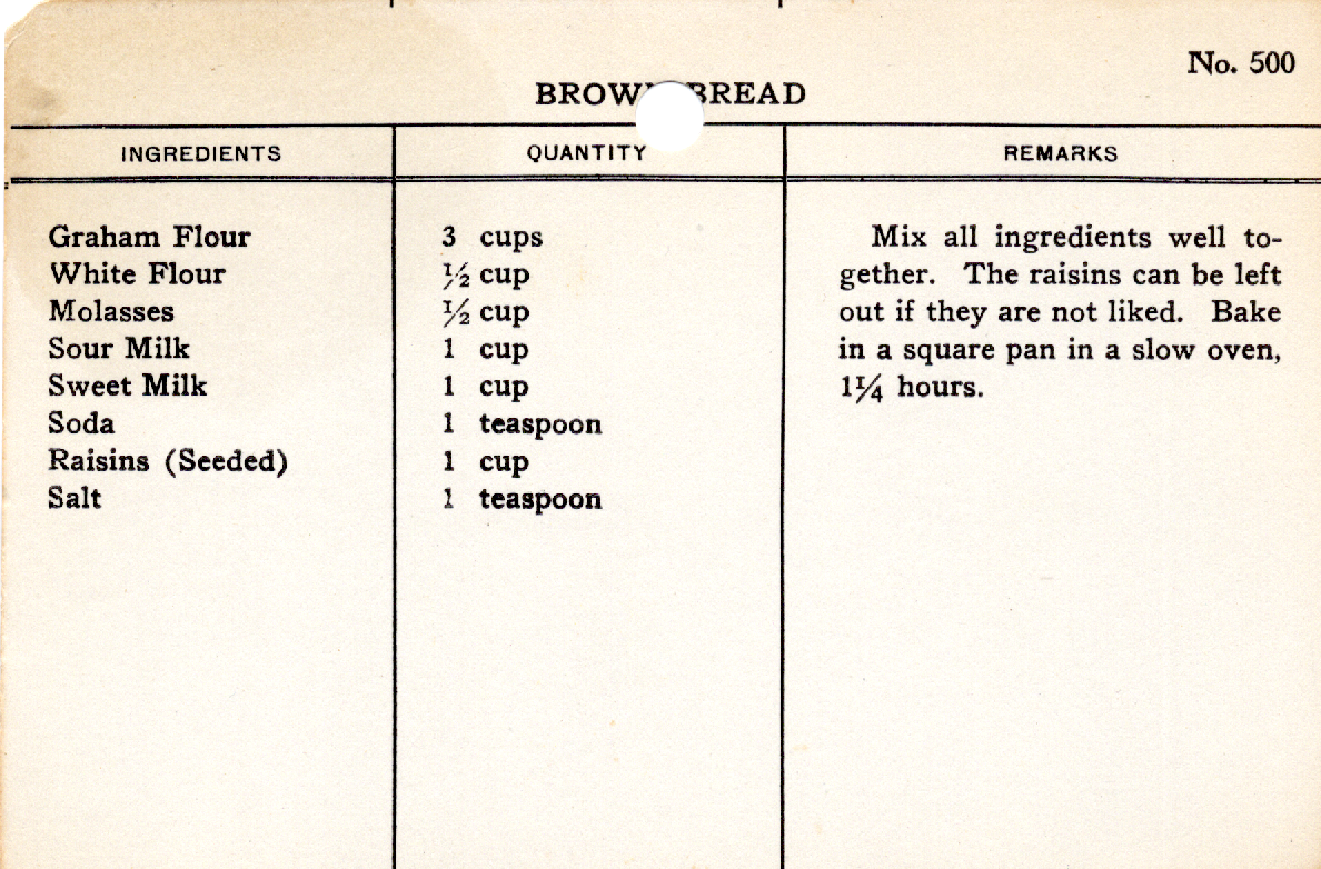 Original recipe card for Brown Bread