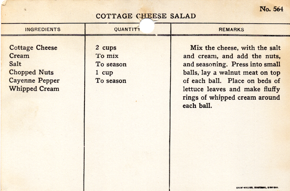 Original recipe card for Cottage Cheese Salad
