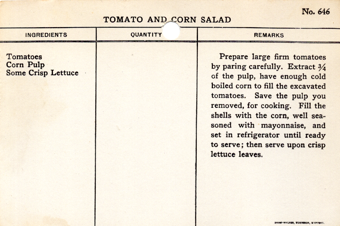 Original recipe card for Tomato and Corn Salad