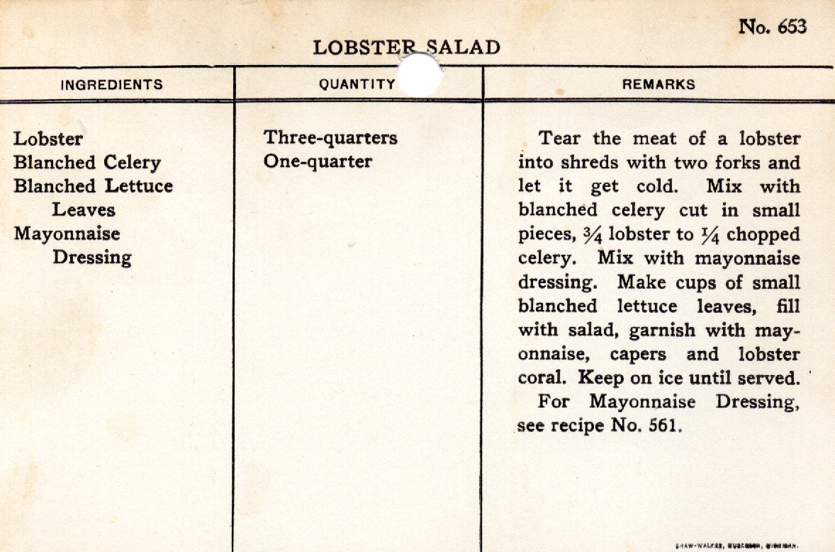 Original recipe card for Lobster Salad