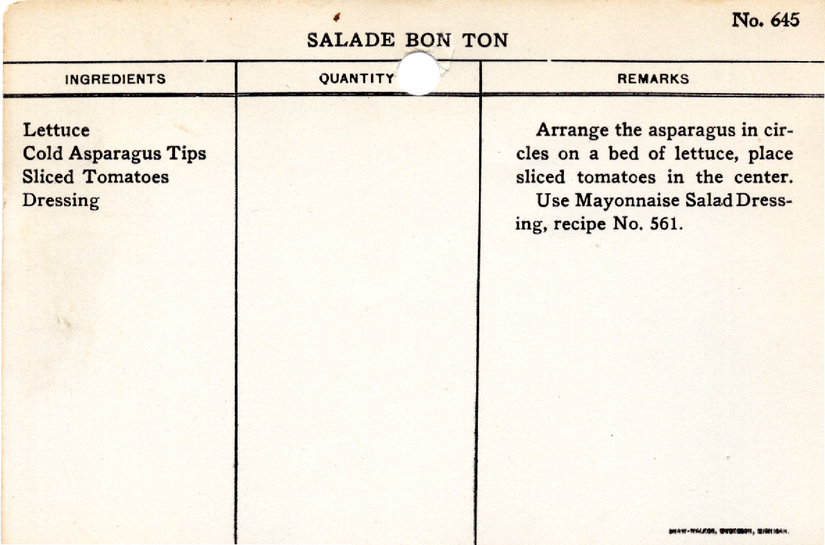 Original recipe card for Salade Bon Ton