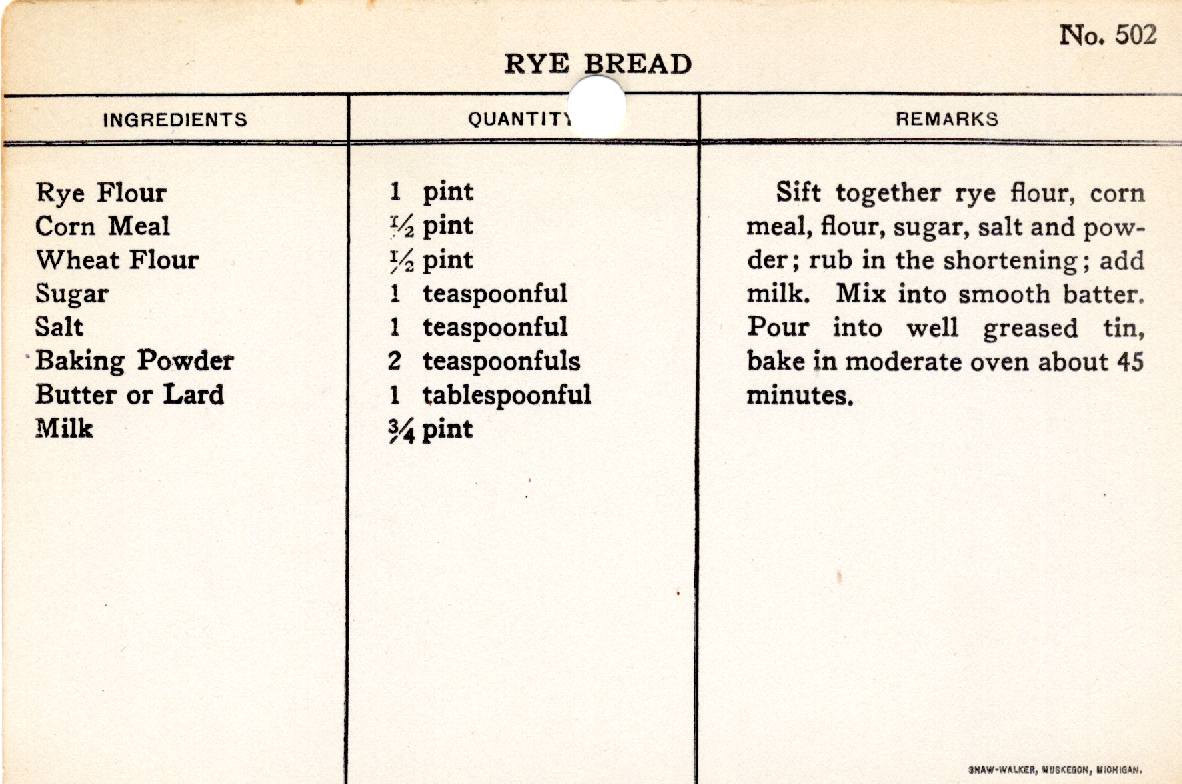 Original recipe card for Rye Bread