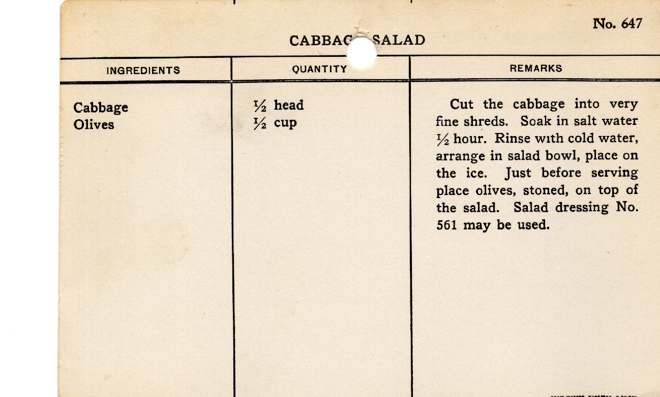Original recipe card for Cabbage Salad