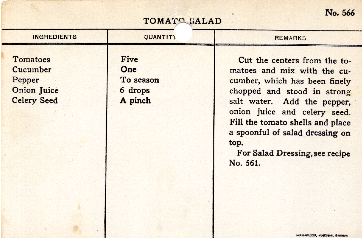 Original recipe card for Tomato Salad
