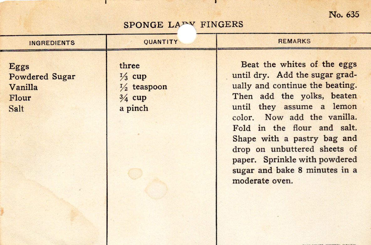 Original recipe card for Sponge Lady Fingers