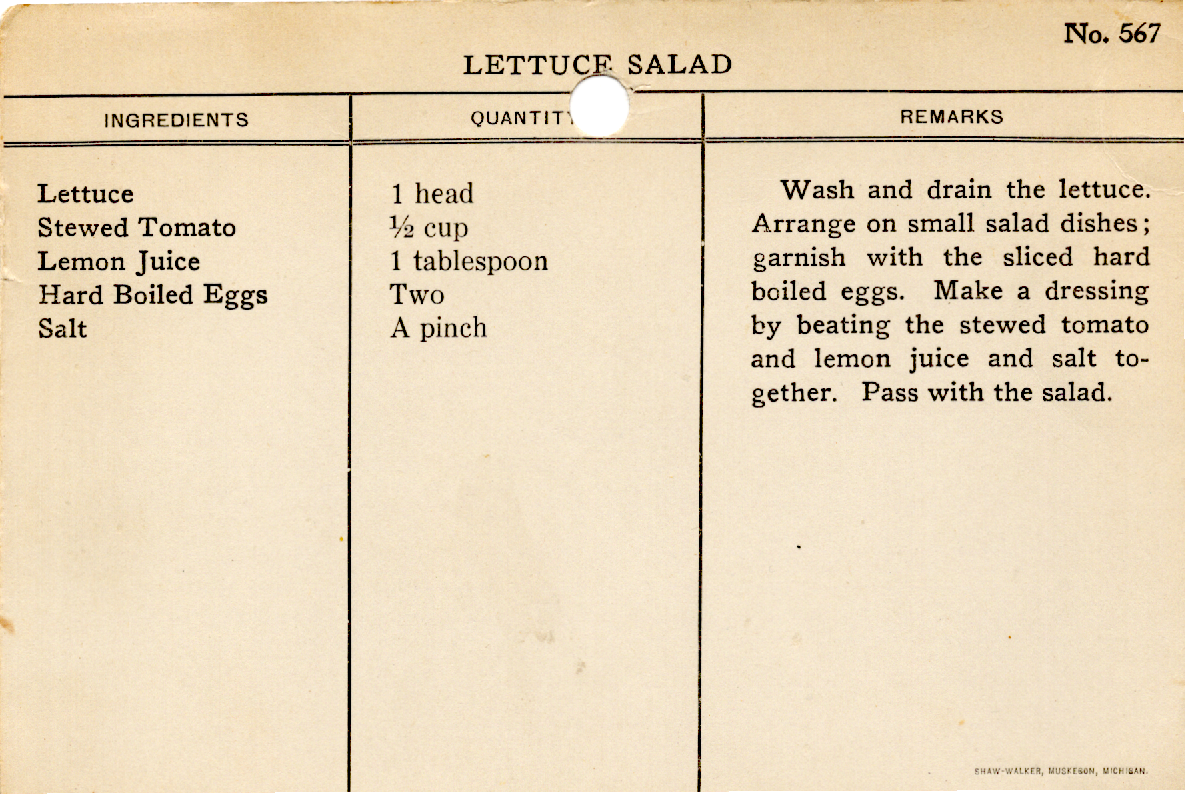 Original recipe card for Lettuce Salad