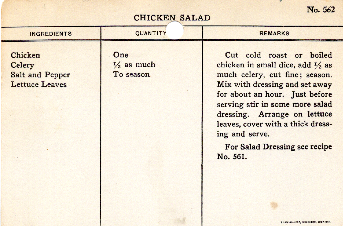 Original recipe card for Chicken Salad