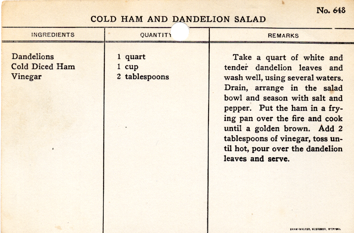 Original recipe card for Cold Ham and Dandelion Salad