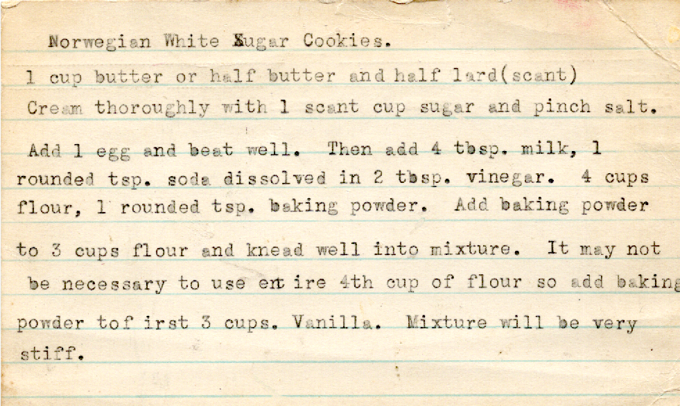 Original recipe card for Norwegian White Sugar Cookies