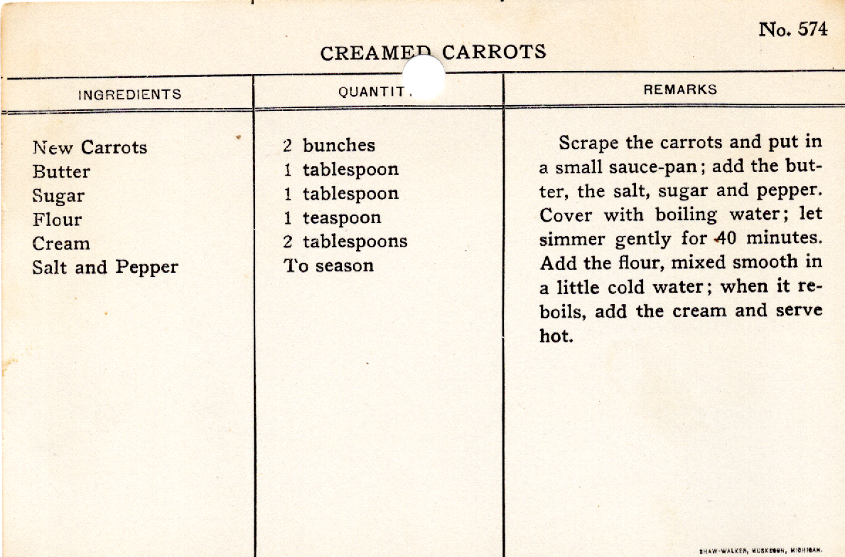 Original recipe card for Creamed Carrots