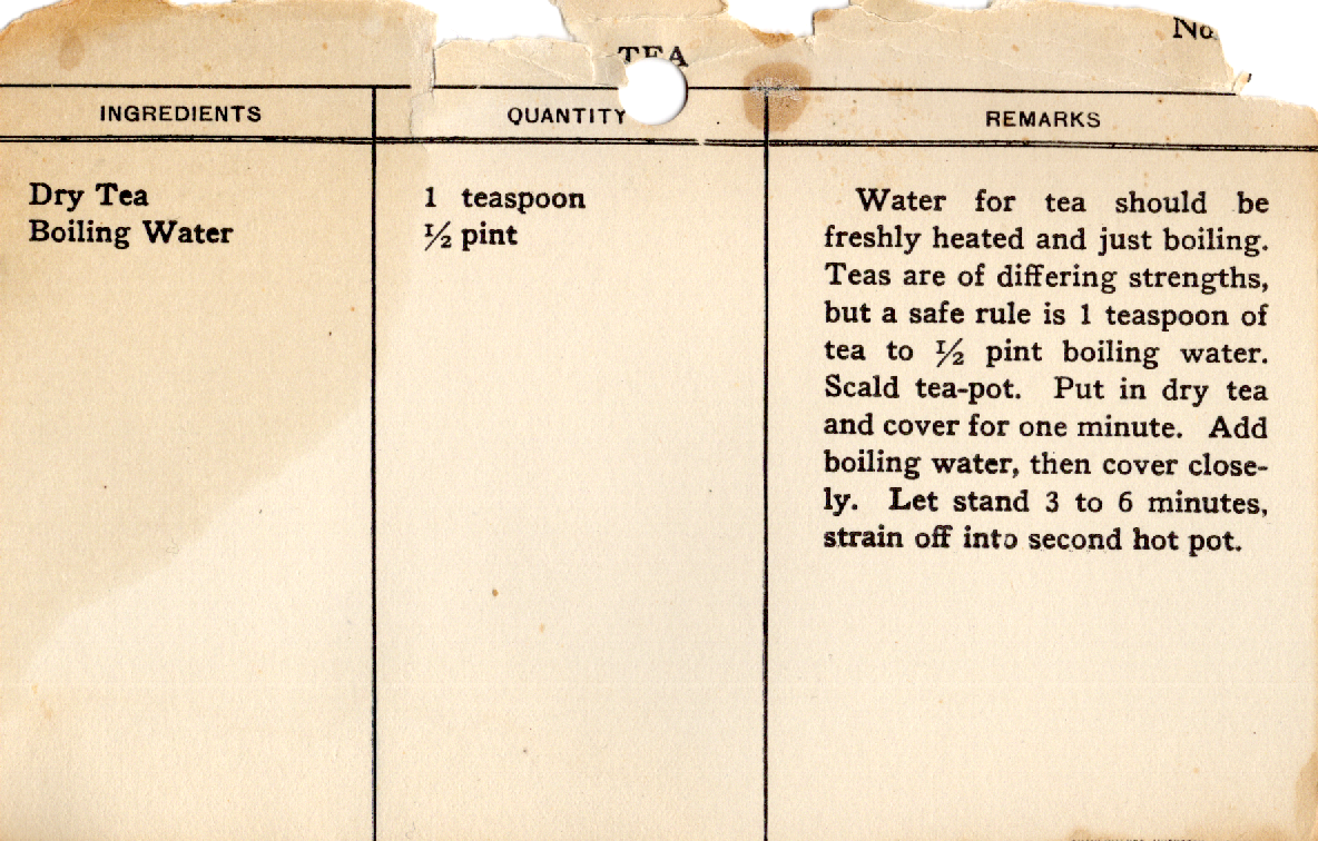 Original recipe card for Tea