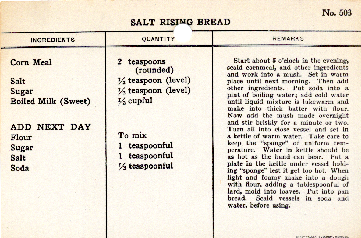 Original recipe card for Salt Rising Bread