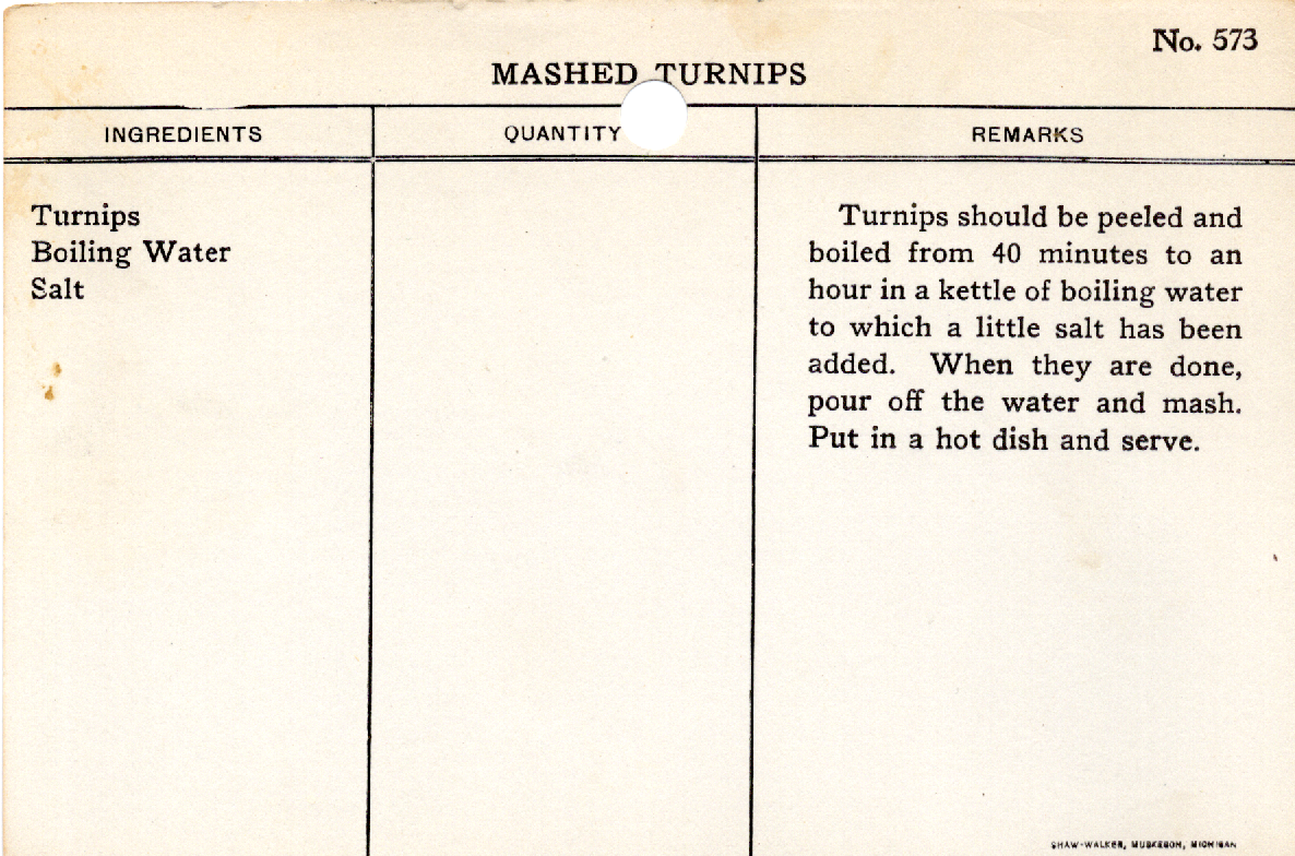 Original recipe card for Mashed Turnips