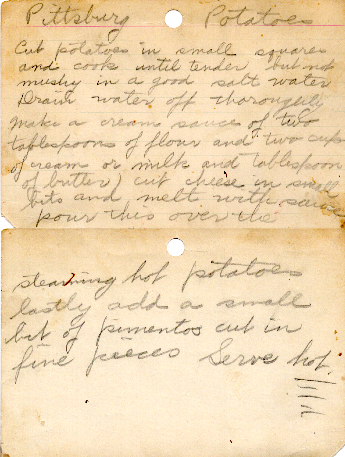 Original recipe card for Pittsburg Potatoes